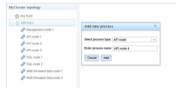 Dialog used in the MySQL Cluster Auto-Installer Define Processes screeen for adding a new cluster process.