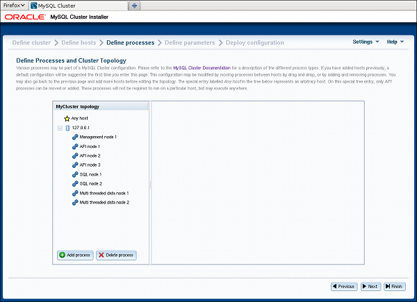 The MySQL Cluster Auto-Installer Define Processes screen.