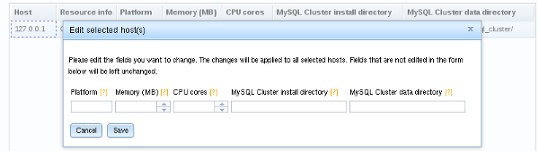 MySQL Cluster Auto-Installer Edit Hosts dialog.